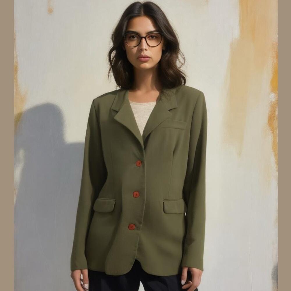 Vintage David Benjamin Army Green Notched Collar Long Classic Retro Blazer Sz 12